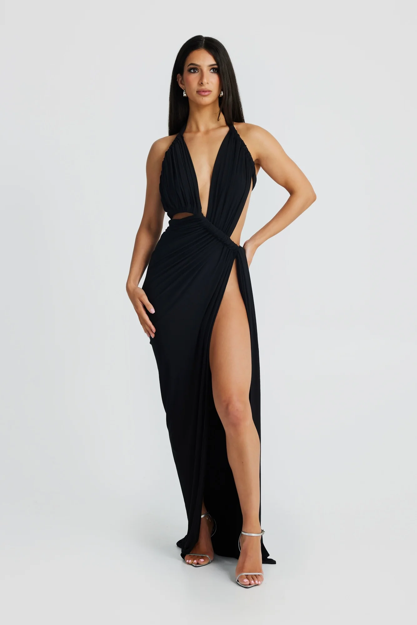 Kailania Black | Plunging Neckline Mesh Maxi Gown